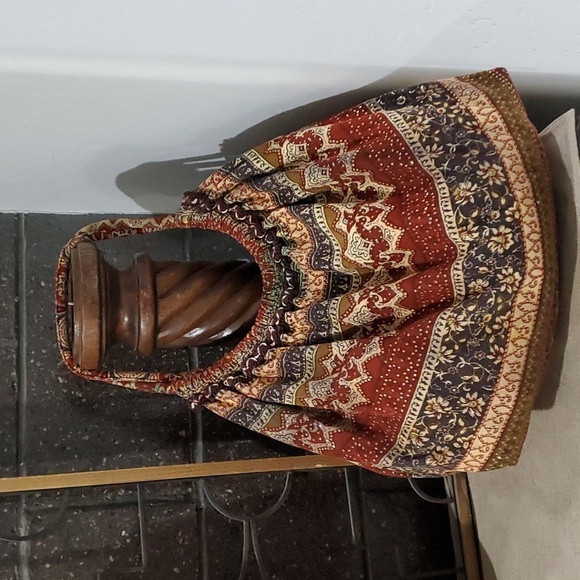 FREE SPIRIT BOHO FABRIC HOBO SACK HANDBAG MAROON BLACK CREAM GOLD SHIMMER - Picture 1 of 10